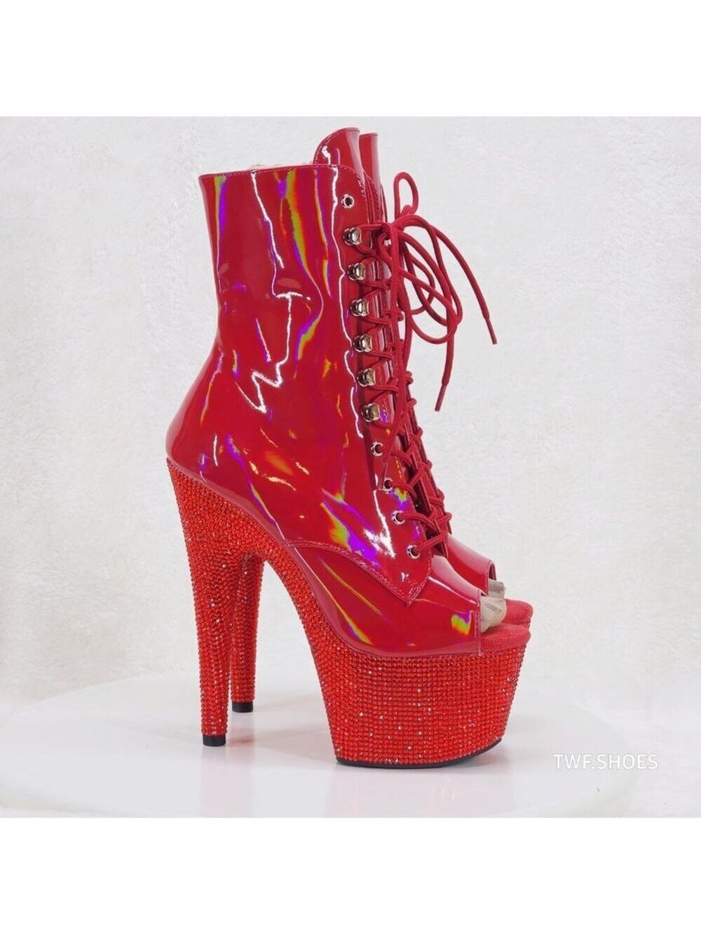 Bejeweled Red Hologram Patent Rhinestone Platform Stiletto Heel Ankle Boots Open
